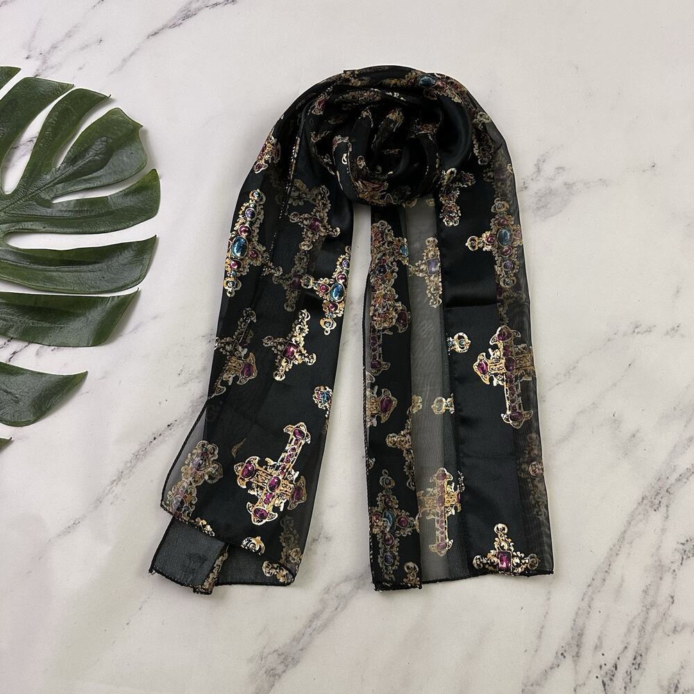 Womens Vintage 90s Lightweight Scarf Jeweled Cross Print Stripe Black Gold